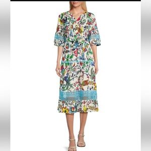 John Mark XS Tiered Dress Oversized Short Sleeve Bird Print Floral